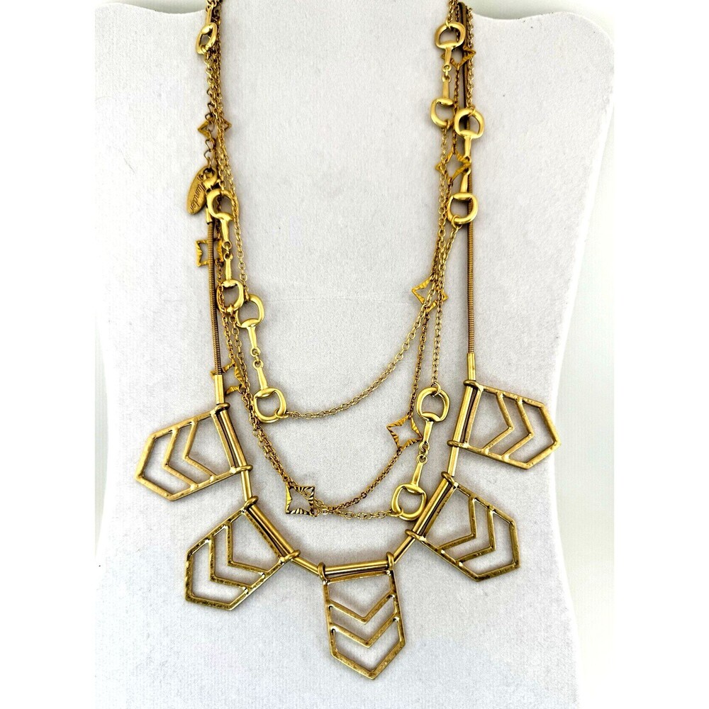 Plunder Gold Tone Necklace Lot Geometric Layered Station Long Statement 3 Pc